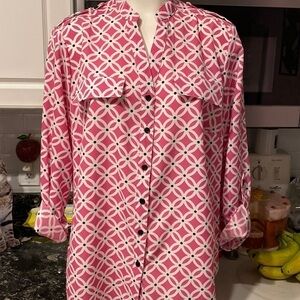 F womens Coral Bay casual long roll tab sleeve button up plus size top 1X.  EUC